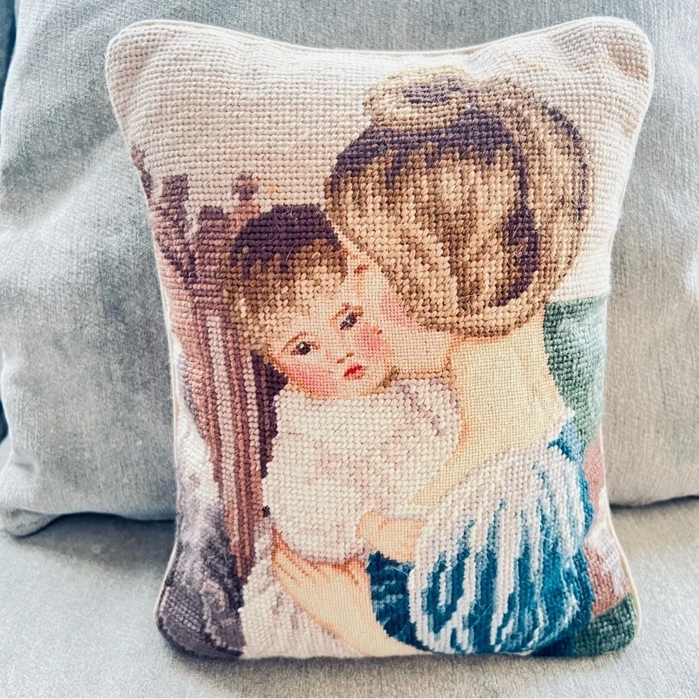 Vtg Wool Needlepoint Petit Point Pillow Mother Child Velvet Lillian Vernon.